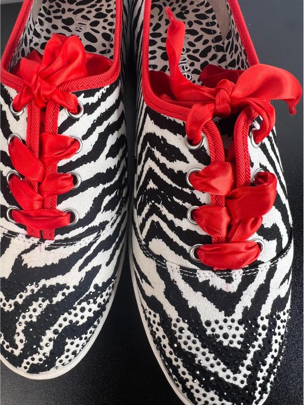 J Renee Zebra Print Sneakers 9Wide  Rhinestone Toe Red Ribbon Lace Fashion Shoes - Picture 15 of 15